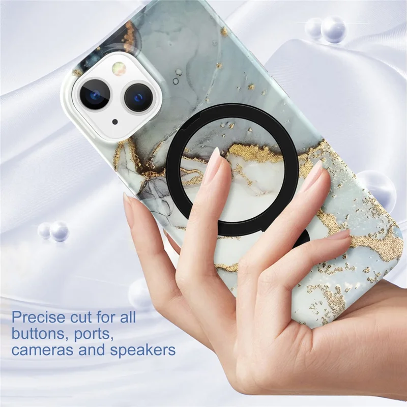 For iPhone 15 Plus Magnetic Case Marble Pattern PC+TPU Phone Kickstand Cover - Grey