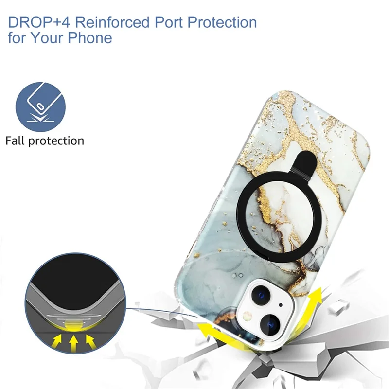 For iPhone 15 Plus Magnetic Case Marble Pattern PC+TPU Phone Kickstand Cover - Grey