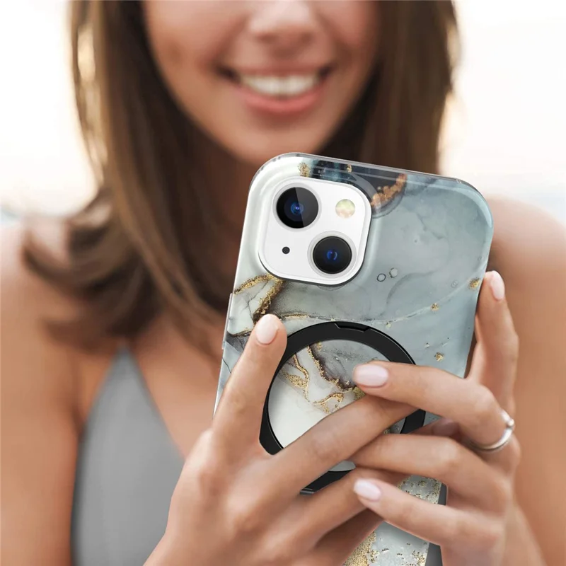 For iPhone 15 Plus Magnetic Case Marble Pattern PC+TPU Phone Kickstand Cover - Grey