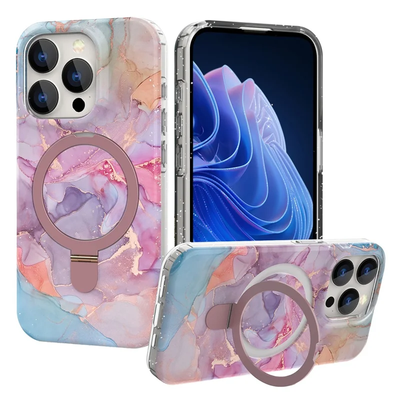 For iPhone 15 Pro Max Kickstand Case Marble Pattern PC+TPU Magnetic Phone Cover - Pink Purple