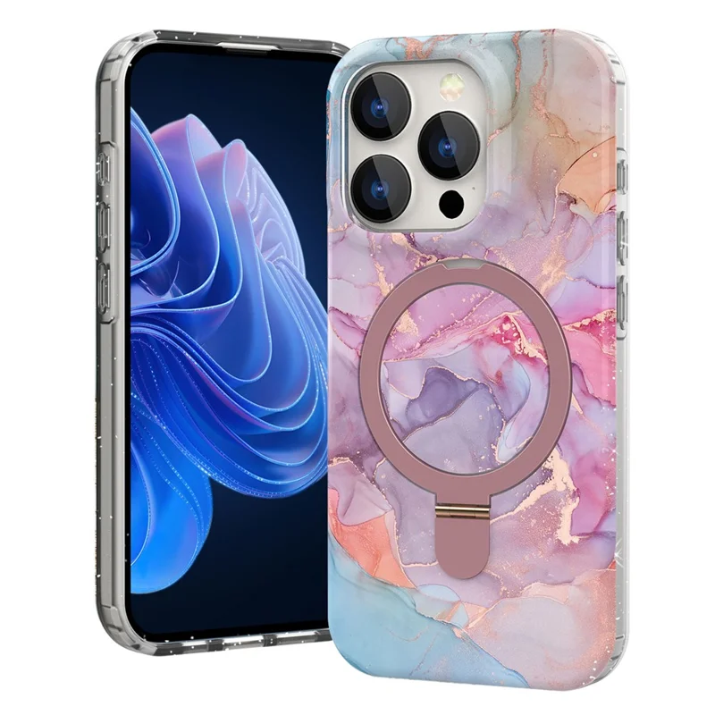 For iPhone 15 Pro Max Kickstand Case Marble Pattern PC+TPU Magnetic Phone Cover - Pink Purple