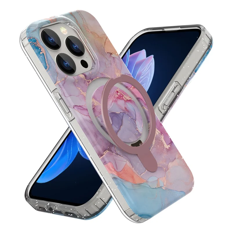 For iPhone 15 Pro Max Kickstand Case Marble Pattern PC+TPU Magnetic Phone Cover - Pink Purple