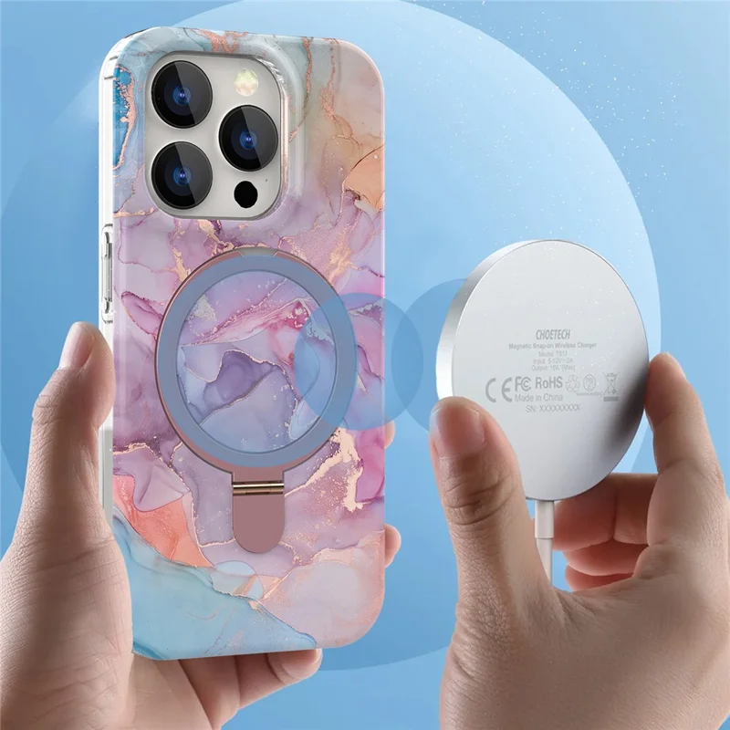 For iPhone 15 Pro Max Kickstand Case Marble Pattern PC+TPU Magnetic Phone Cover - Pink Purple