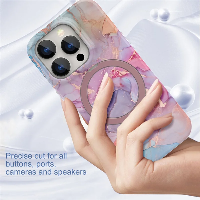 For iPhone 15 Pro Max Kickstand Case Marble Pattern PC+TPU Magnetic Phone Cover - Pink Purple
