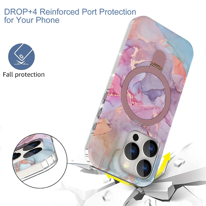 For iPhone 15 Pro Max Kickstand Case Marble Pattern PC+TPU Magnetic Phone Cover - Pink Purple