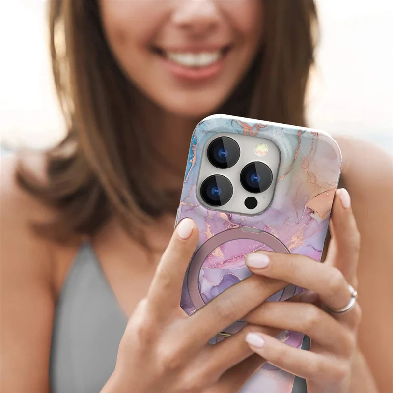 For iPhone 15 Pro Max Kickstand Case Marble Pattern PC+TPU Magnetic Phone Cover - Pink Purple