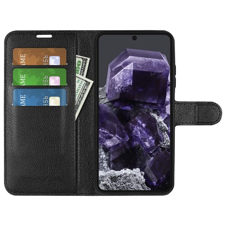 For Google Pixel 8a Leather Case Litchi Texture Stand Phone Wallet Cover - Black