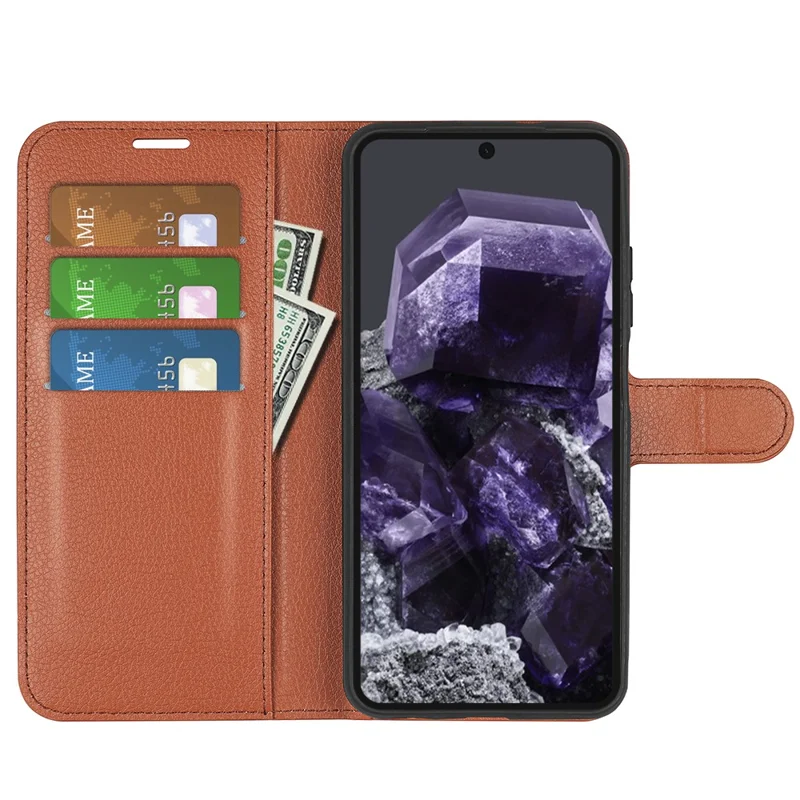 For Google Pixel 8a Leather Case Litchi Texture Stand Phone Wallet Cover - Brown
