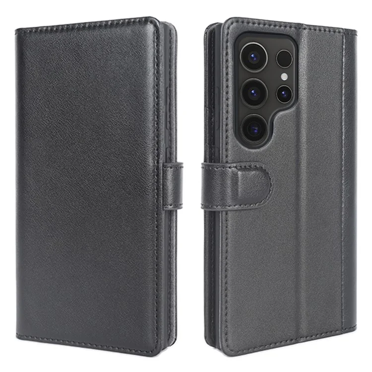 Pour Samsung Galaxy S24 Ultra Étui Véritable Cuir Fendu Support Portefeuille Housse de Téléphone - Noir