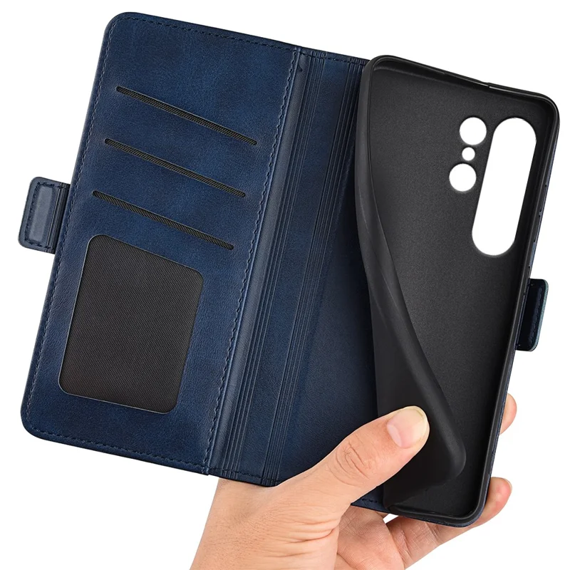 حافظة لهاتف سامسونج جالكسي S24 ألترا من جلد البولي يوريثان مع إبزيم مغناطيسي مزدوج وغطاء واقي - أزرق