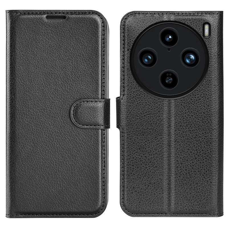 For vivo X100 Pro 5G Cell Phone Case Litchi Texture Leather Wallet Anti-shock Cover - Black