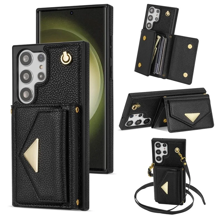 Para Samsung Galaxy S24 Ultra Case Organ Card Bag Leather+TPU Cover with Shoulder Strap - Black