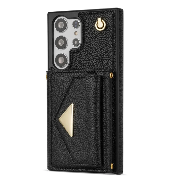 Para Samsung Galaxy S24 Ultra Case Organ Card Bag Leather+TPU Cover with Shoulder Strap - Black