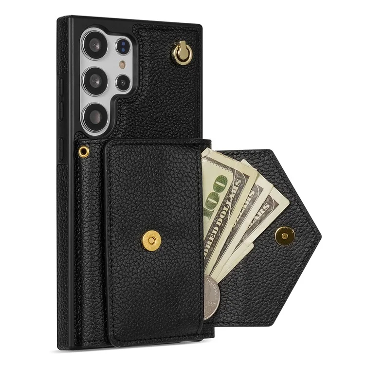 Para Samsung Galaxy S24 Ultra Case Organ Card Bag Leather+TPU Cover with Shoulder Strap - Black