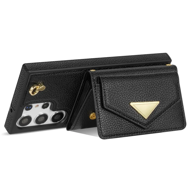Para Samsung Galaxy S24 Ultra Case Organ Card Bag Leather+TPU Cover with Shoulder Strap - Black