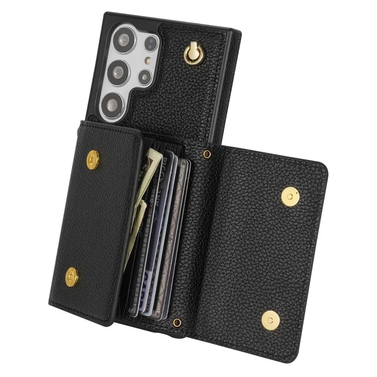 Para Samsung Galaxy S24 Ultra Case Organ Card Bag Leather+TPU Cover with Shoulder Strap - Black