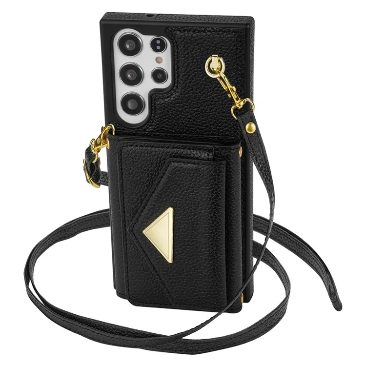 Para Samsung Galaxy S24 Ultra Case Organ Card Bag Leather+TPU Cover with Shoulder Strap - Black