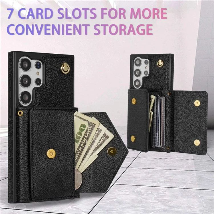 Para Samsung Galaxy S24 Ultra Case Organ Card Bag Leather+TPU Cover with Shoulder Strap - Black