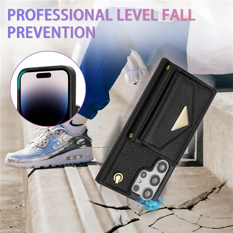 Para Samsung Galaxy S24 Ultra Case Organ Card Bag Leather+TPU Cover with Shoulder Strap - Black