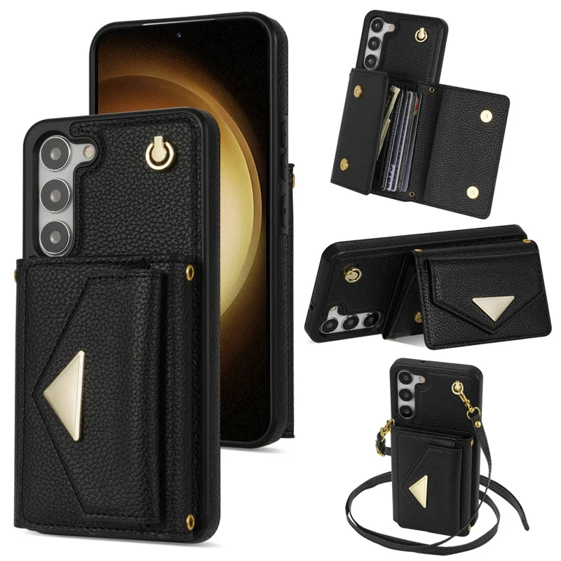 For Samsung Galaxy S24+ Cell Phone Case Card Bag Anti-drop Leather+TPU Cover with Shoulder Strap - Black
