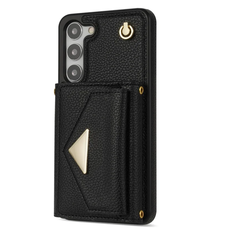 For Samsung Galaxy S24+ Cell Phone Case Card Bag Anti-drop Leather+TPU Cover with Shoulder Strap - Black