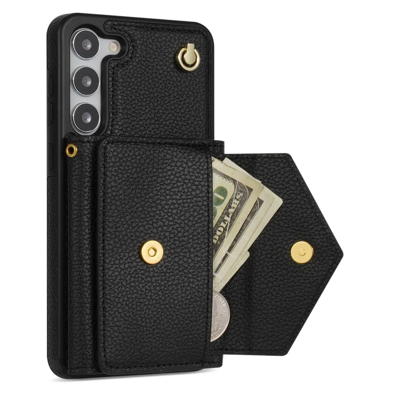 For Samsung Galaxy S24+ Cell Phone Case Card Bag Anti-drop Leather+TPU Cover with Shoulder Strap - Black