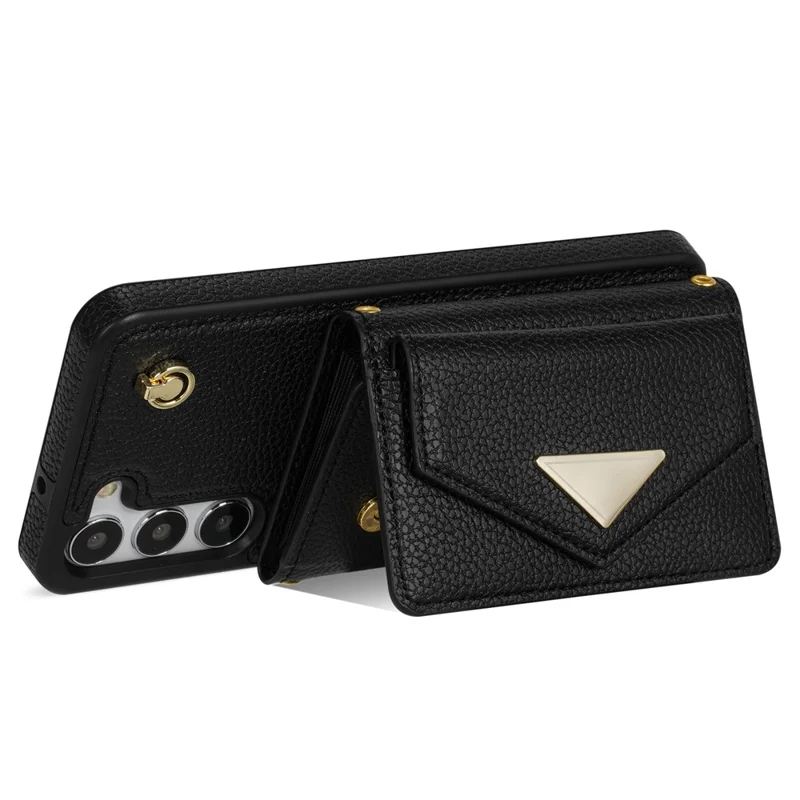 For Samsung Galaxy S24+ Cell Phone Case Card Bag Anti-drop Leather+TPU Cover with Shoulder Strap - Black