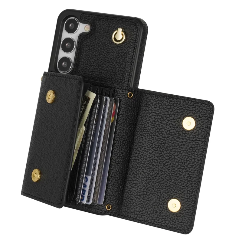 For Samsung Galaxy S24+ Cell Phone Case Card Bag Anti-drop Leather+TPU Cover with Shoulder Strap - Black