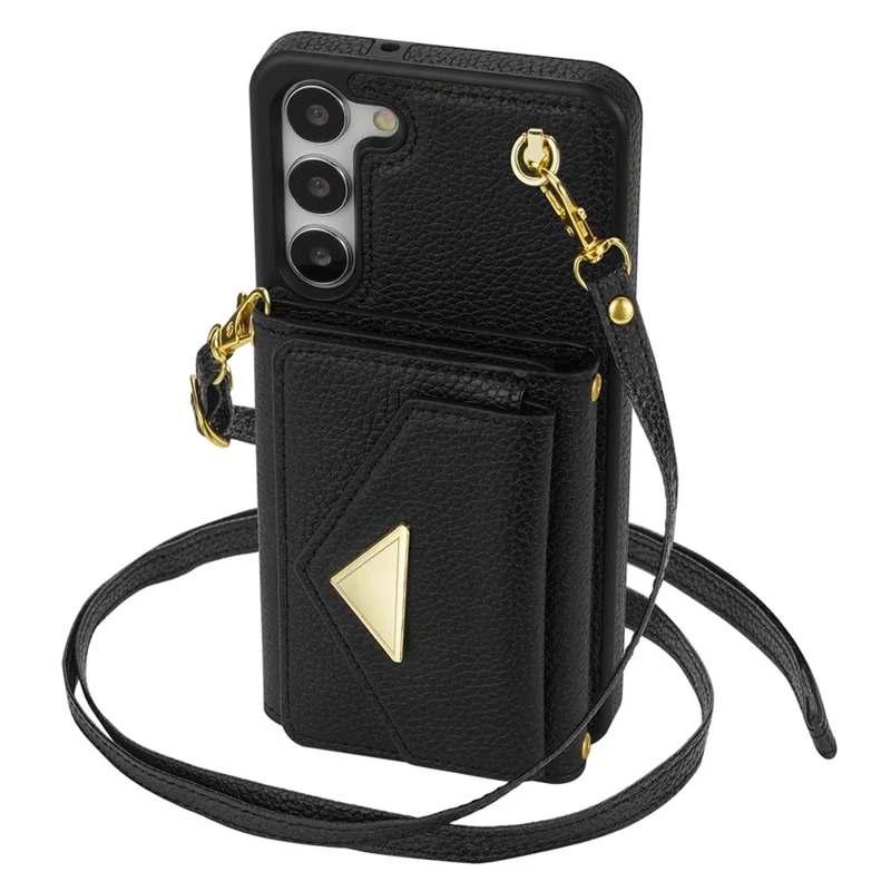 For Samsung Galaxy S24+ Cell Phone Case Card Bag Anti-drop Leather+TPU Cover with Shoulder Strap - Black