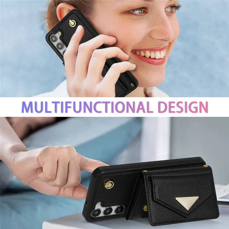For Samsung Galaxy S24+ Cell Phone Case Card Bag Anti-drop Leather+TPU Cover with Shoulder Strap - Black