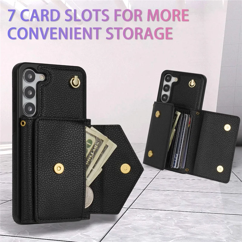 For Samsung Galaxy S24+ Cell Phone Case Card Bag Anti-drop Leather+TPU Cover with Shoulder Strap - Black