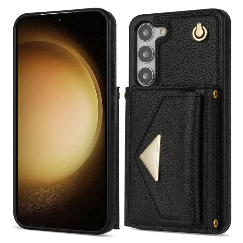 For Samsung Galaxy S24+ Cell Phone Case Card Bag Anti-drop Leather+TPU Cover with Shoulder Strap - Black