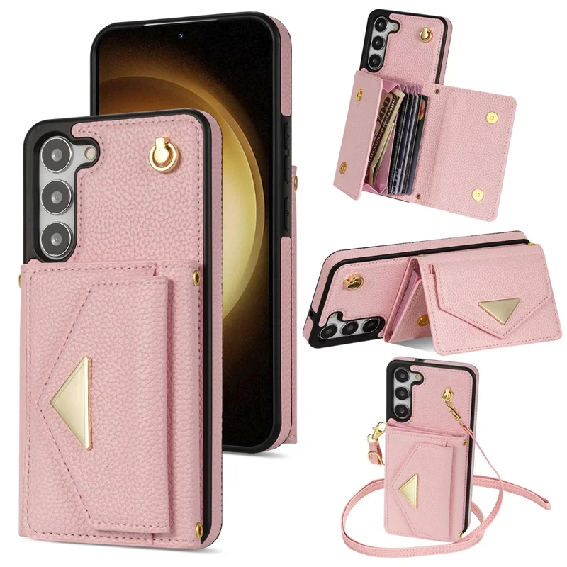 For Samsung Galaxy S24+ Cell Phone Case Card Bag Anti-drop Leather+TPU Cover with Shoulder Strap - Pink