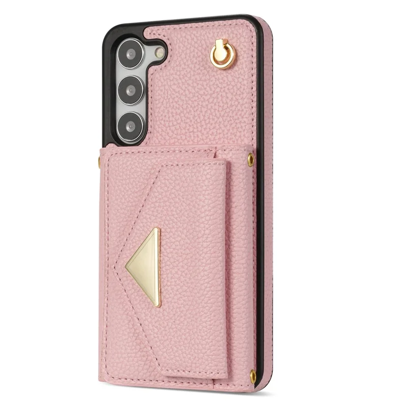 For Samsung Galaxy S24+ Cell Phone Case Card Bag Anti-drop Leather+TPU Cover with Shoulder Strap - Pink