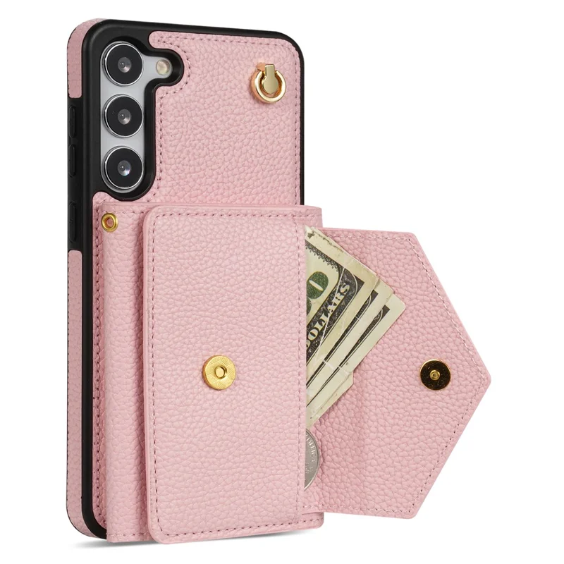 For Samsung Galaxy S24+ Cell Phone Case Card Bag Anti-drop Leather+TPU Cover with Shoulder Strap - Pink