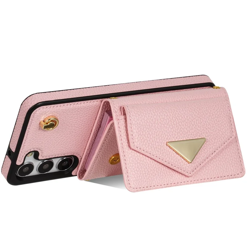For Samsung Galaxy S24+ Cell Phone Case Card Bag Anti-drop Leather+TPU Cover with Shoulder Strap - Pink