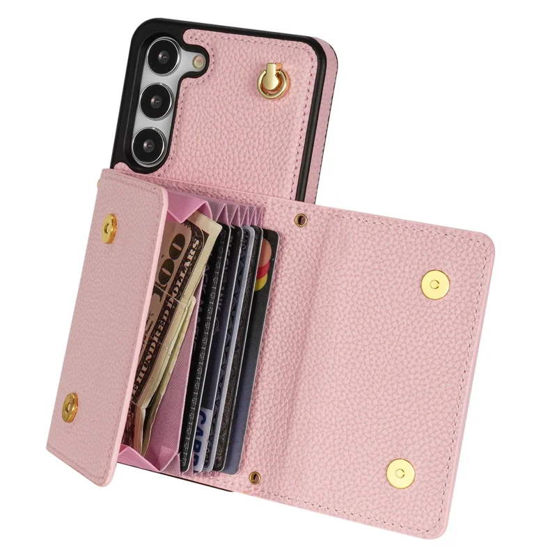 For Samsung Galaxy S24+ Cell Phone Case Card Bag Anti-drop Leather+TPU Cover with Shoulder Strap - Pink