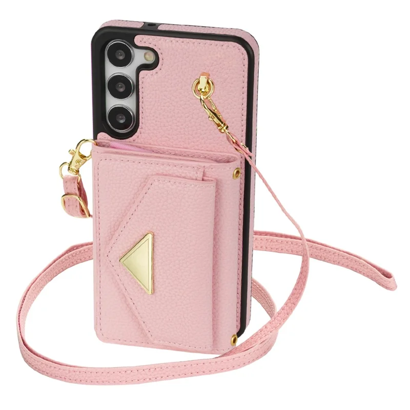 For Samsung Galaxy S24+ Cell Phone Case Card Bag Anti-drop Leather+TPU Cover with Shoulder Strap - Pink