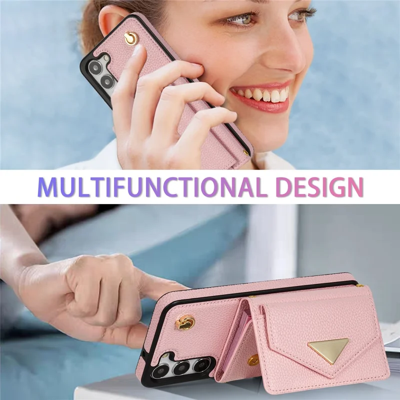 For Samsung Galaxy S24+ Cell Phone Case Card Bag Anti-drop Leather+TPU Cover with Shoulder Strap - Pink