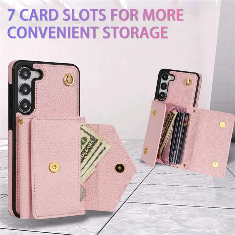 For Samsung Galaxy S24+ Cell Phone Case Card Bag Anti-drop Leather+TPU Cover with Shoulder Strap - Pink