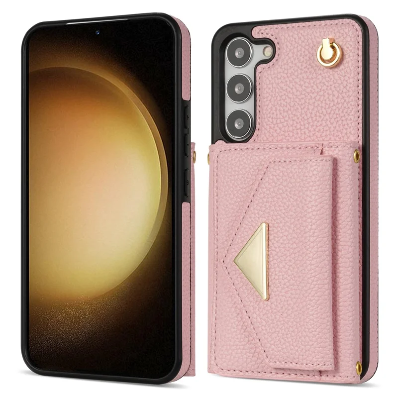 For Samsung Galaxy S24+ Cell Phone Case Card Bag Anti-drop Leather+TPU Cover with Shoulder Strap - Pink