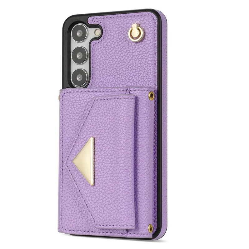 For Samsung Galaxy S24 Cell Phone Case Card Holder Leather+TPU Back Cover with Long Strap - Purple