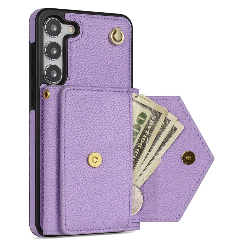 For Samsung Galaxy S24 Cell Phone Case Card Holder Leather+TPU Back Cover with Long Strap - Purple