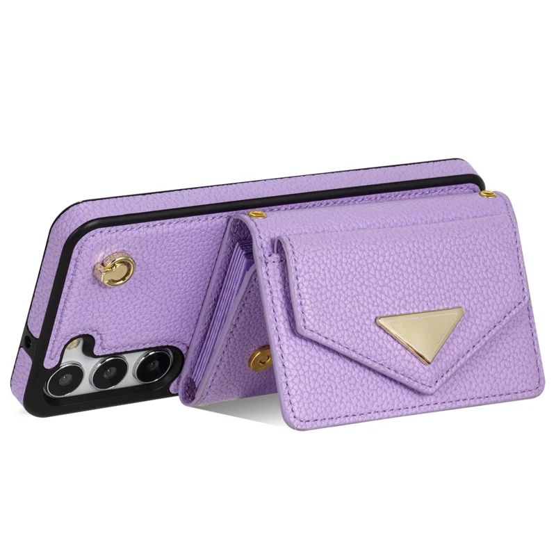 For Samsung Galaxy S24 Cell Phone Case Card Holder Leather+TPU Back Cover with Long Strap - Purple
