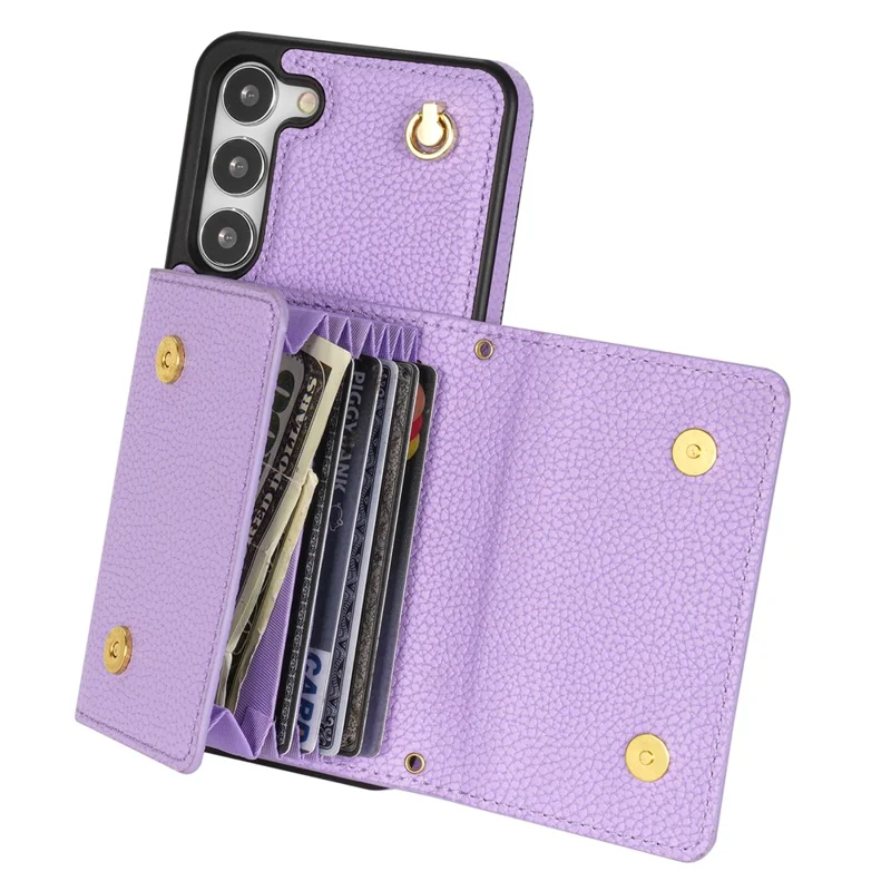 For Samsung Galaxy S24 Cell Phone Case Card Holder Leather+TPU Back Cover with Long Strap - Purple