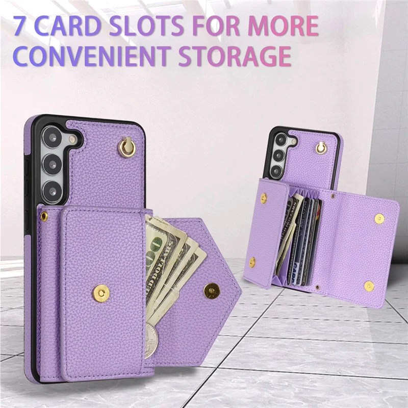 For Samsung Galaxy S24 Cell Phone Case Card Holder Leather+TPU Back Cover with Long Strap - Purple