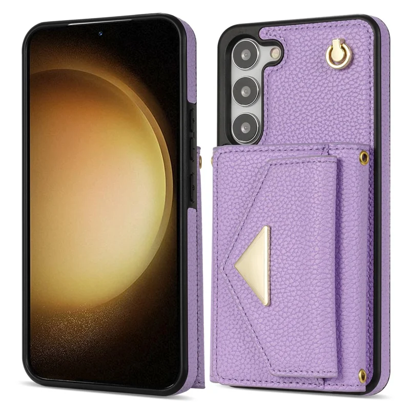 For Samsung Galaxy S24 Cell Phone Case Card Holder Leather+TPU Back Cover with Long Strap - Purple