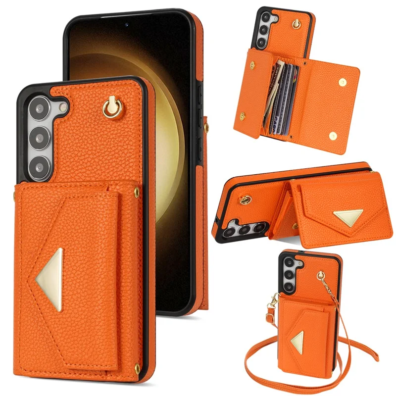 For Samsung Galaxy S24 Cell Phone Case Card Holder Leather+TPU Back Cover with Long Strap - Orange