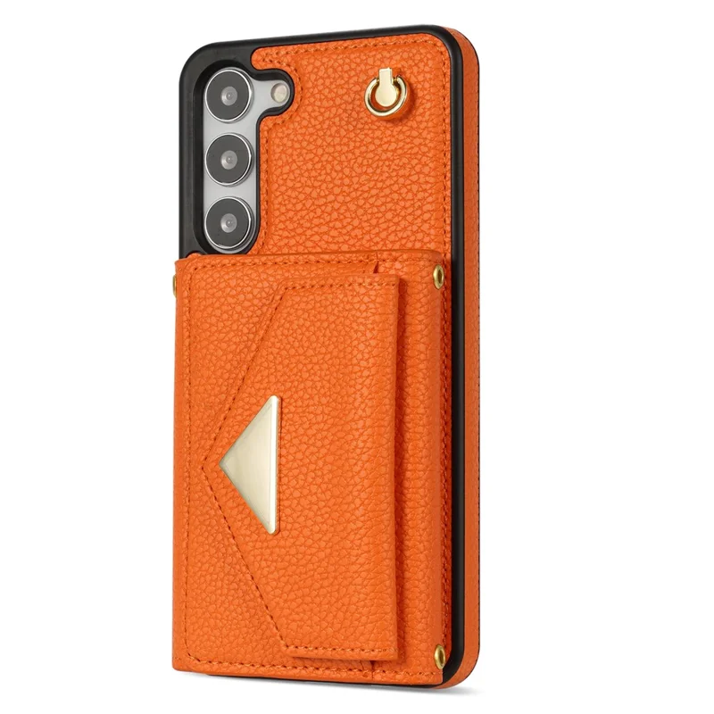 For Samsung Galaxy S24 Cell Phone Case Card Holder Leather+TPU Back Cover with Long Strap - Orange