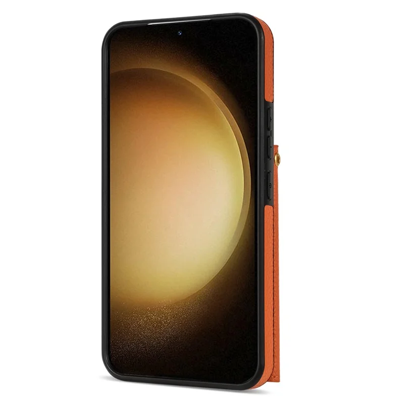 For Samsung Galaxy S24 Cell Phone Case Card Holder Leather+TPU Back Cover with Long Strap - Orange